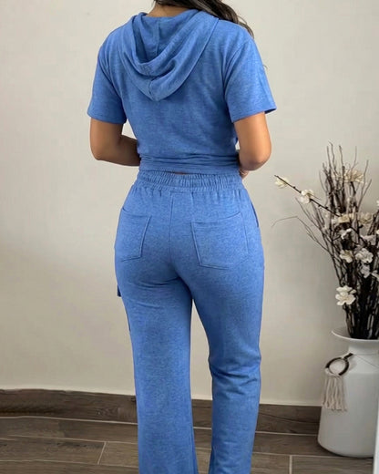Women's Two Piece Outfits Short Sleeve Hoodie Top and High Waist Cargo Straight Leg Pants Set Casual Lounge Tracksuit