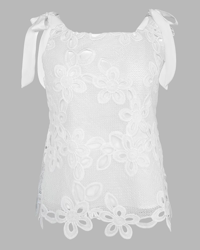 Square Neck Thick Strap Casual Embroidered Lace Tied Detail Tank