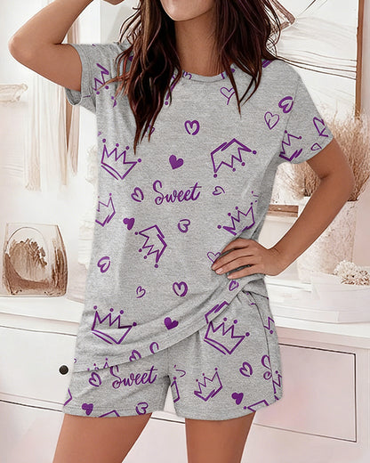 2 Pieces Outfit Sweet Letter Print Short Sleeve Top and Elastic Waist Shorts Set Casual Crown & Heart Print Pajamas Set
