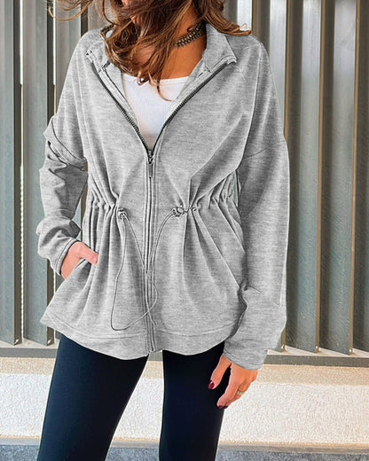 Long Sleeve Waist Drawstring Hooded Coat Casual Loose Fit Cardigan Jacket with Pockets