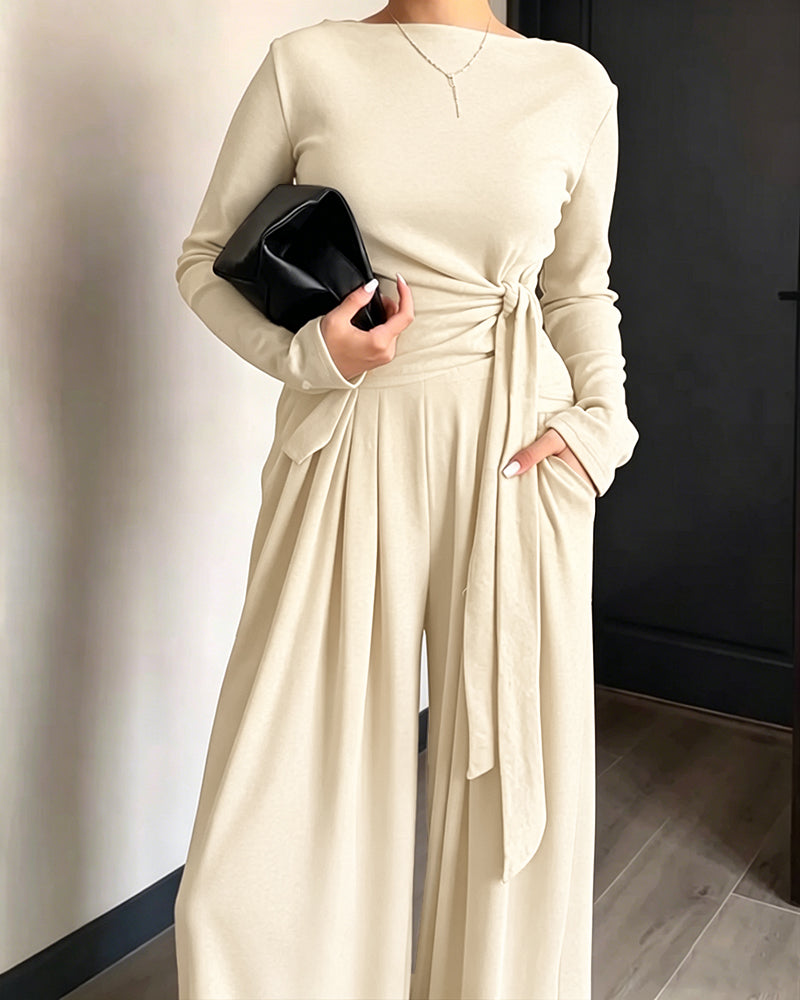Women's 2 Piece Knit Lounge Set Long Sleeve Tie Waist Top and High Waisted Wide Leg Pants Casual Soft Sweatsuit with Pockets
