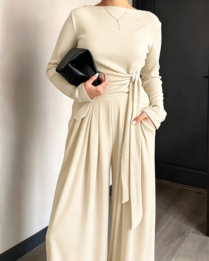 Women's 2 Piece Knit Lounge Set Long Sleeve Tie Waist Top and High Waisted Wide Leg Pants Casual Soft Sweatsuit with Pockets