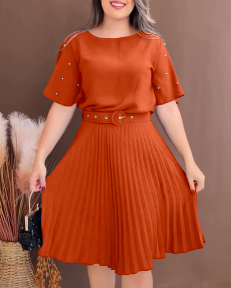 Pearls Decor Short Sleeve Cinched Waist Pleated Dress Elegant Butterfly Sleeve Midi Dress with Belt