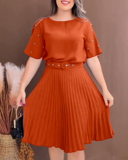 Pearls Decor Short Sleeve Cinched Waist Pleated Dress Elegant Butterfly Sleeve Midi Dress with Belt