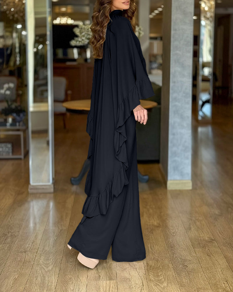 2 Pieces Outfit High Neck Hollow-out Back Ruffles High-Low Hem Cape and Casual Elastic Back Waist Wide Leg Pants Set
