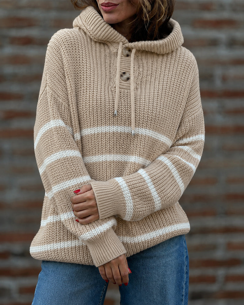 Women's Striped Henley Drawstring Hooded Sweater Loose Fit Lantern Sleeve Knit Pullover