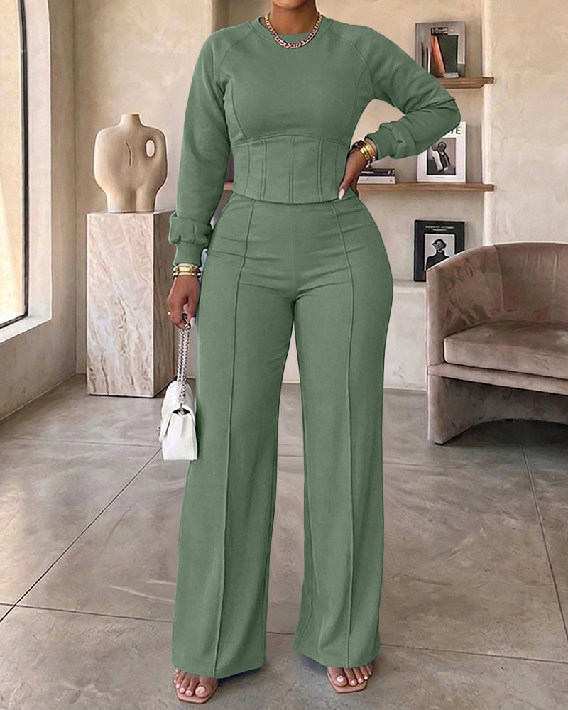 2 Pieces Outfit O-neck Long Sleeve Cinched Waist Sweatshirt and Elastic Waist Wide Leg Pants Set Casual Seam Design Sweatpants Set