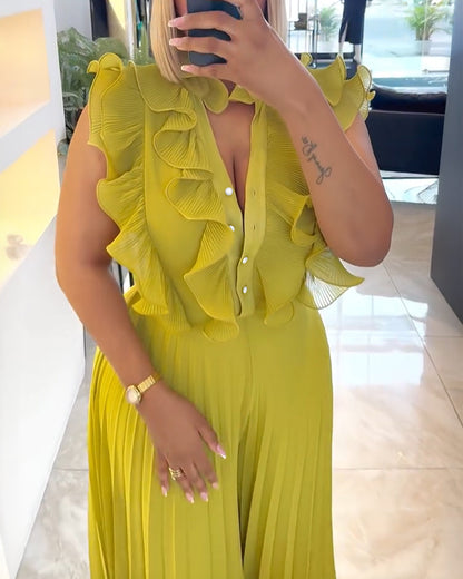 Ruffles Spliced V-Neck Sleeveless Button Front Pleated Overalls Casual Zipper Back Wide Leg Jumpsuit
