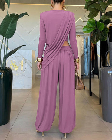 Women's 2 Piece Outfit Asymmetric Pleated Top and High Waist Lantern Pants