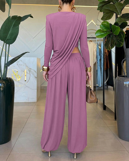 Women's 2 Piece Outfit Asymmetric Pleated Top and High Waist Lantern Pants