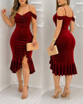Women's Rhinestone Velvet Asymmetrical Dress Pearl Strap Cold Shoulder Ruffle Mermaid Evening Gown