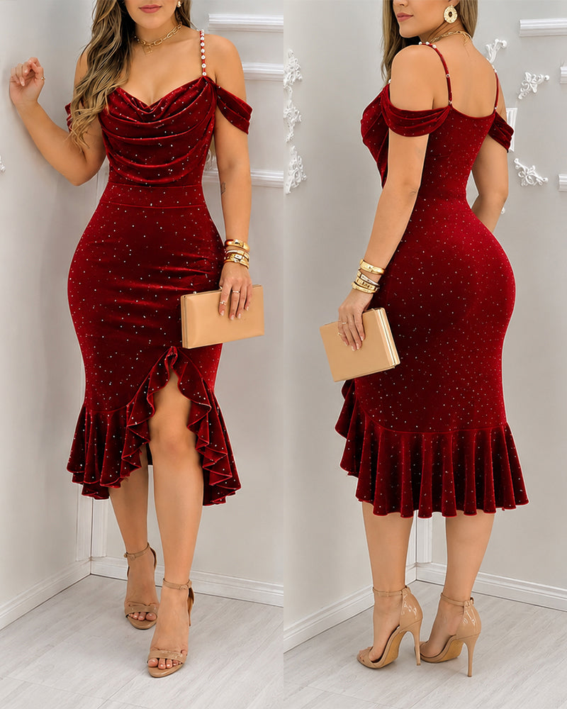 Women's Rhinestone Velvet Asymmetrical Dress Pearl Strap Cold Shoulder Ruffle Mermaid Evening Gown