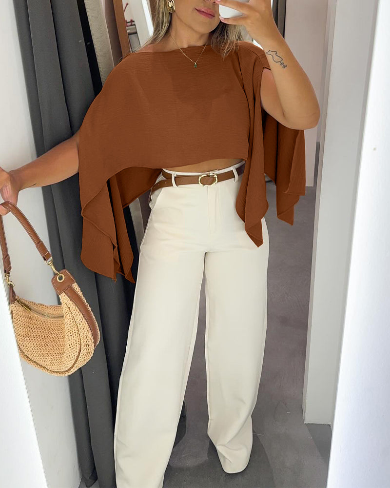 Solid Color Off Shoulder Split Sleeve Versatile Crop Blouse with Elastic Hem Bandeau Top