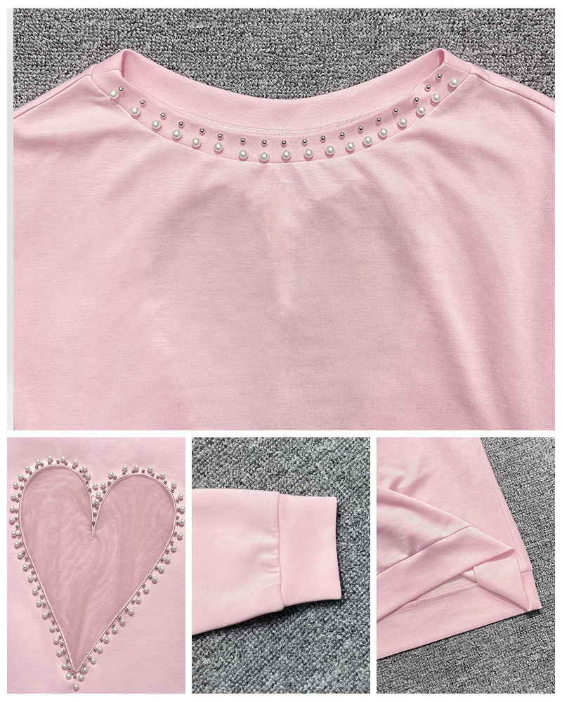 Pearls Decor Sheer Heart Pattern Mesh Spliced Tee Casual Drop Shoulder Long Sleeve Top