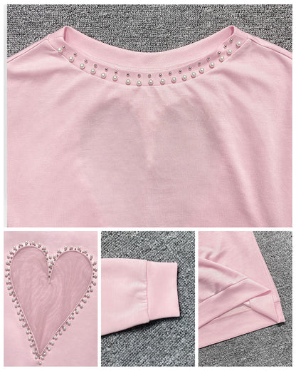 Pearls Decor Sheer Heart Pattern Mesh Spliced Tee Casual Drop Shoulder Long Sleeve Top