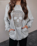 Women's Rhinestone Skull Graphic Loose Sweatshirt Drop Shoulder Crewneck Pullover Top