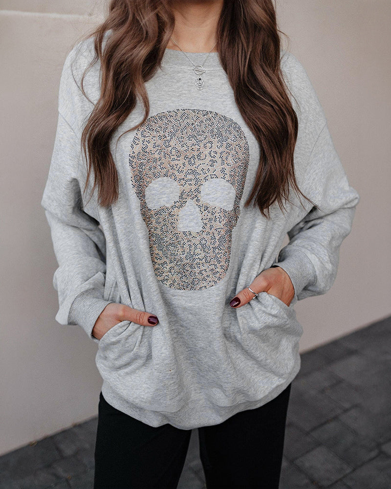 Women's Rhinestone Skull Graphic Loose Sweatshirt Drop Shoulder Crewneck Pullover Top