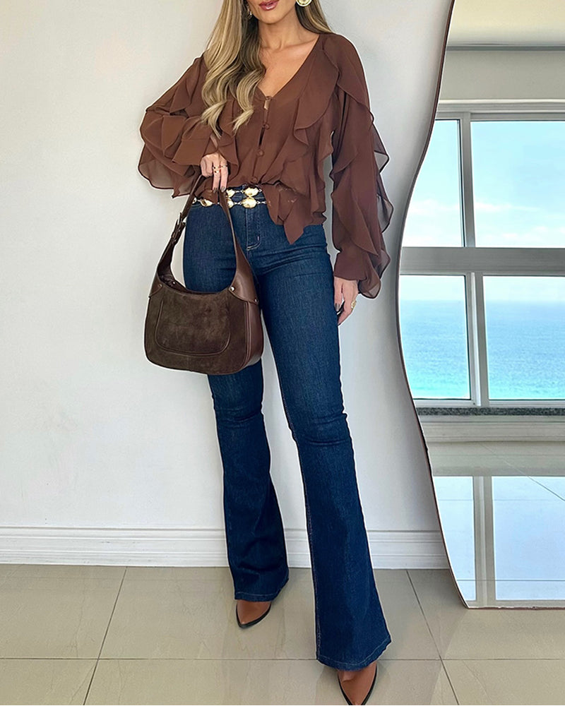 V Neck Shoulder Ruffles Design Blouse Casual Button Front Long Sleeve Top