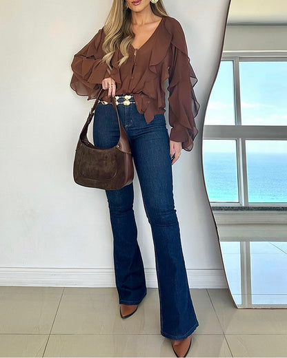 V Neck Shoulder Ruffles Design Blouse Casual Button Front Long Sleeve Top