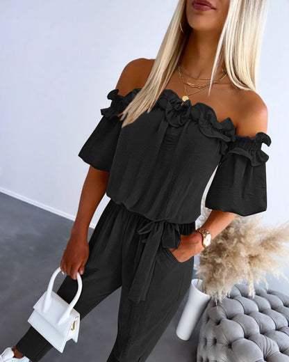 Off Shoulder Frill Hem Tied Detail Jumpsuit