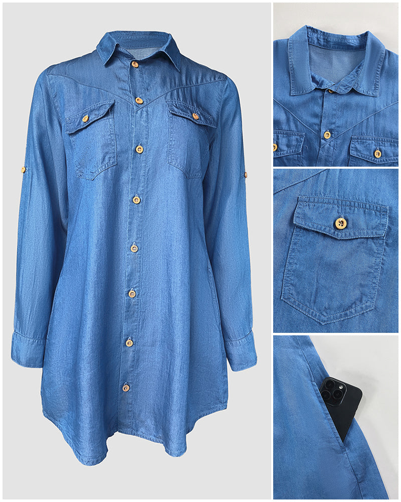Turn-down Collar Turn-Up Sleeves Button Down Denim Shirt Dress Casual Flap Pockets Decor Asymmetrical Hem Dress