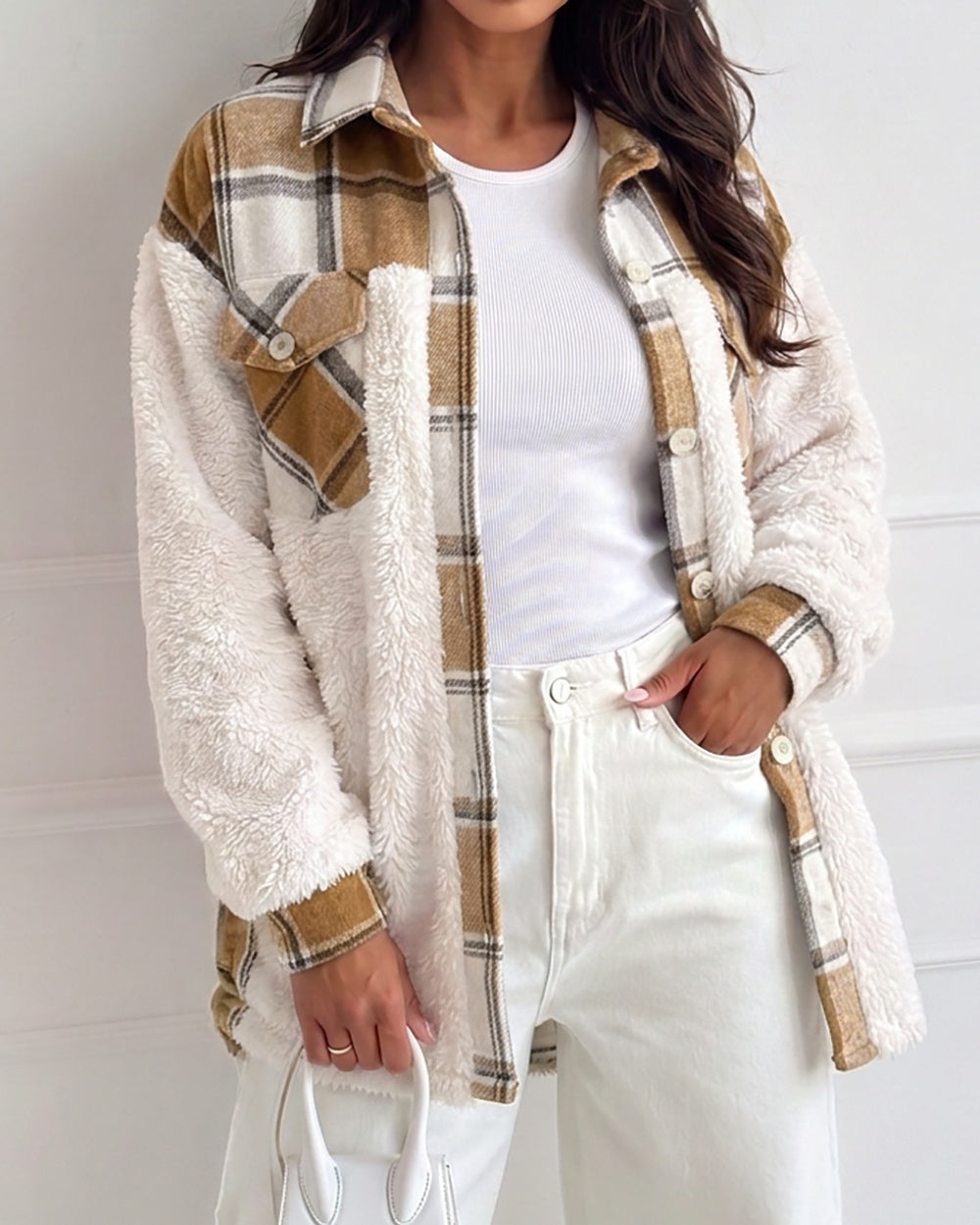 Veste polaire à carreaux pour femmes, veste décontractée à manches longues boutonnée en fausse peau de mouton