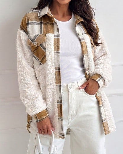 Veste polaire à carreaux pour femmes, veste décontractée à manches longues boutonnée en fausse peau de mouton
