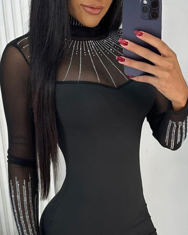 Long Sleeve Rhinestone Decor Bodycon Dress High Neck Sheer Mesh Patch Mini Dress