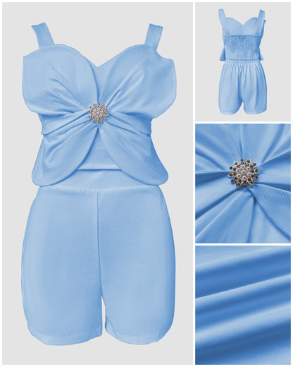 2 Pieces Outfit 3D Flower Decor Sweetheart Neck Thick Straps Shirred Back Crop Top and Casual Elastic Back Waist Shorts Set