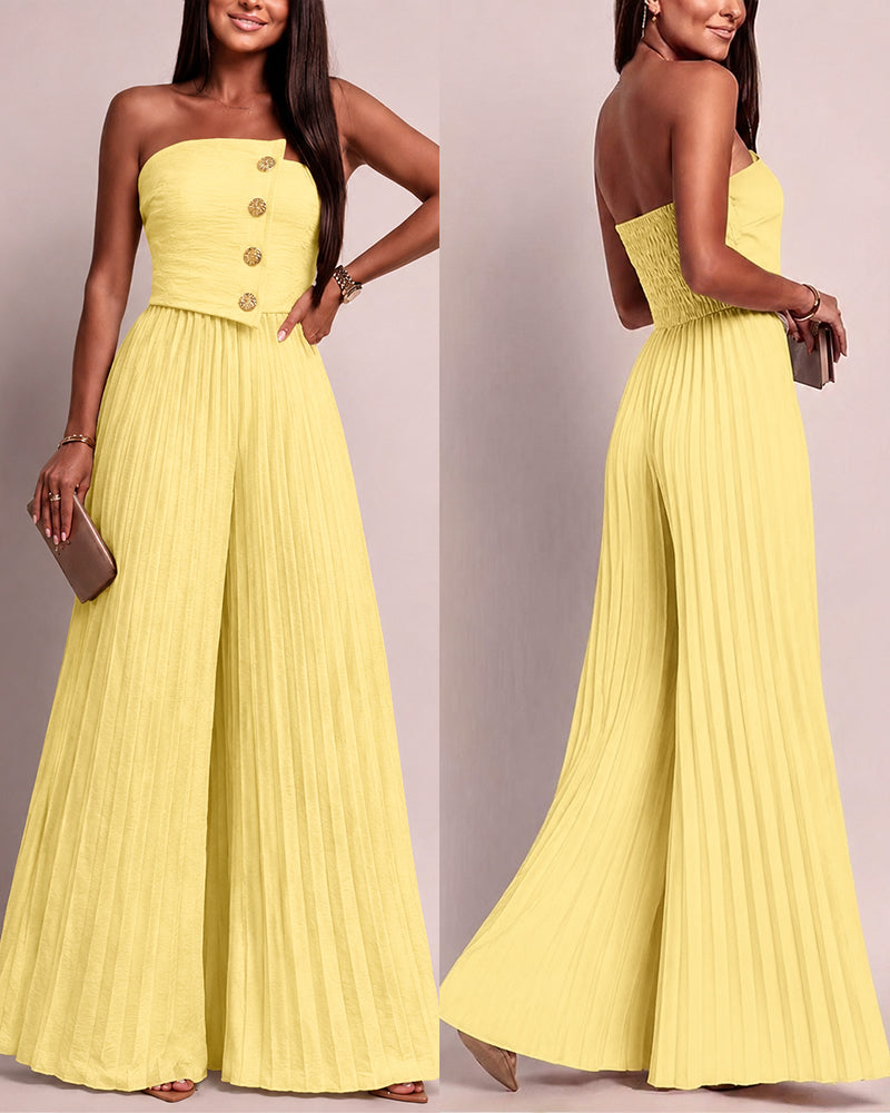 Women's Strapless Jumpsuit Elegant Gold Button Tube Overalls Shirred Pleated High Waisted Wide Leg Jumpsuit with Pockets