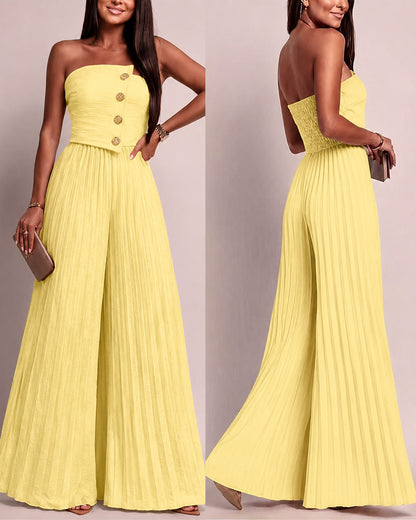 Women's Strapless Jumpsuit Elegant Gold Button Tube Overalls Shirred Pleated High Waisted Wide Leg Jumpsuit with Pockets