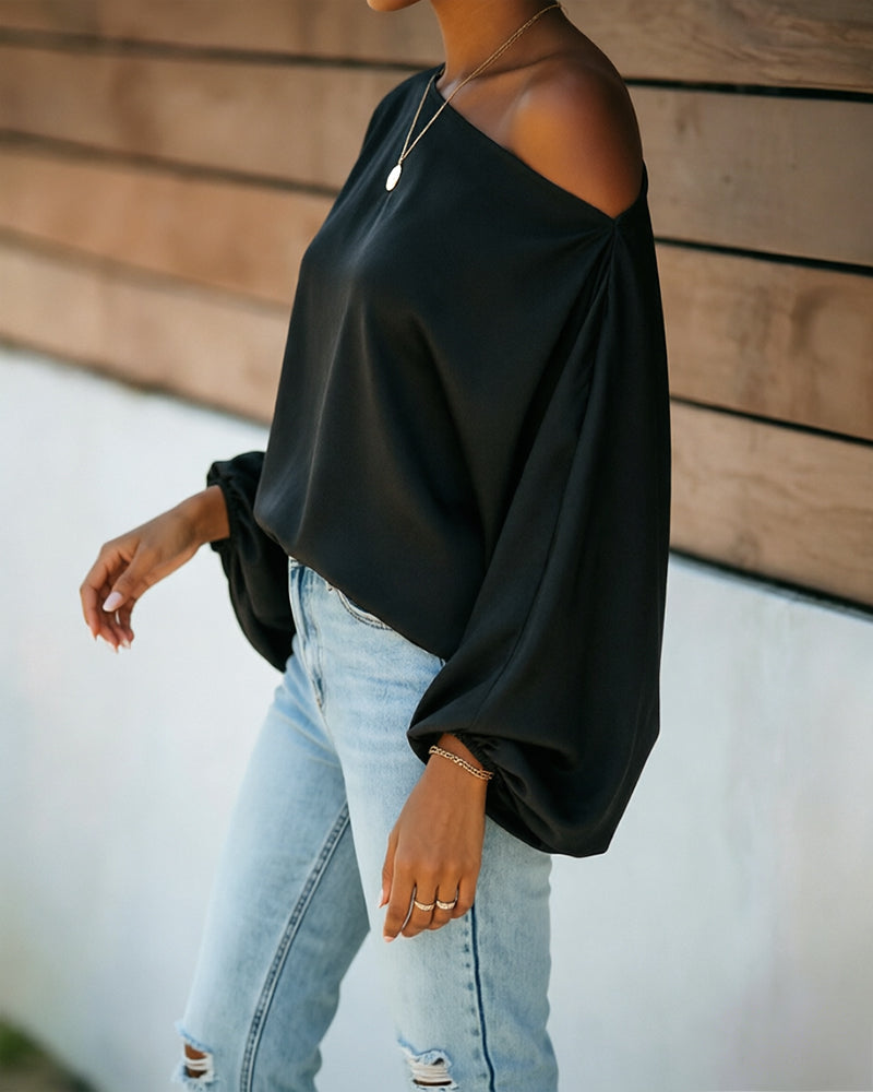 Women's Off Shoulder Satin Blouse Lantern Long Sleeve Shirt Casual Loose Fit Skew Neck Top