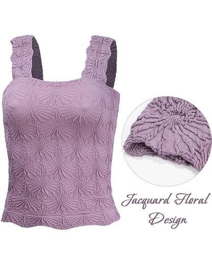 Floral Jacquard Square Neck Thick Strap Crop Tank Casual Sleeveless Top