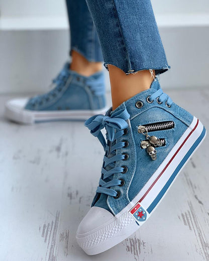 Lace-Up Skeleton Zipper Detail Casual Sneakers