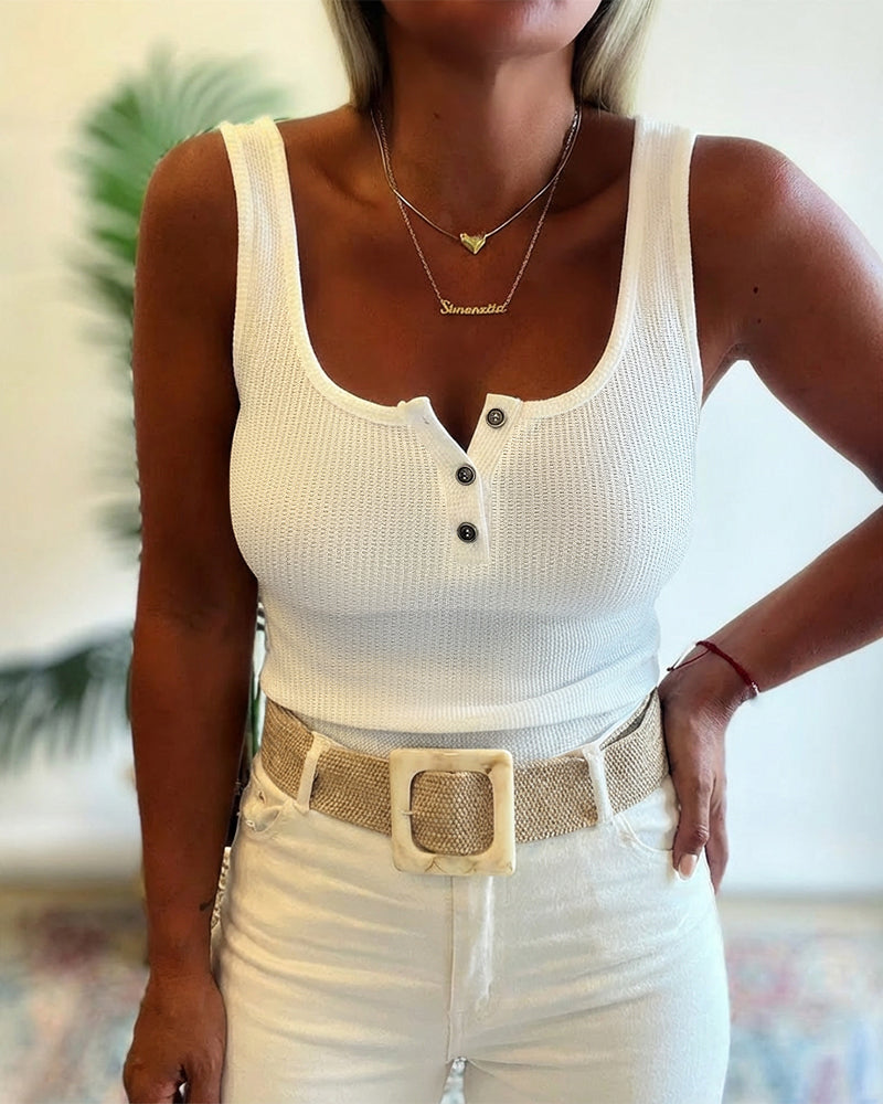 U-Neck Sleeveless Half Button Front Tank Slim Fit Backless Knit Waffle Tank Top