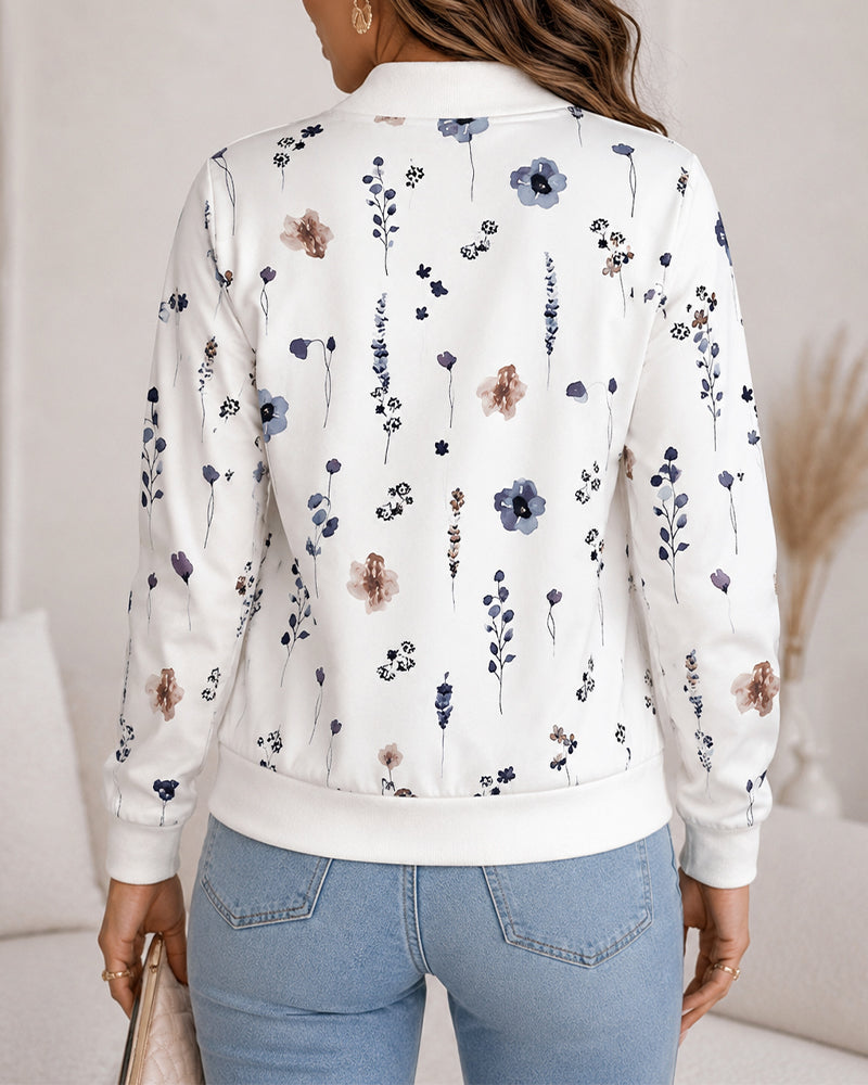 Women's Floral Print Bomber Jacket Casual Zip Up Long Sleeve Outerwear