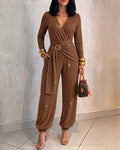 Women's Glitter Tied Detail High Waist Jumpsuit Overlap V Neck Long Sleeve Overalls