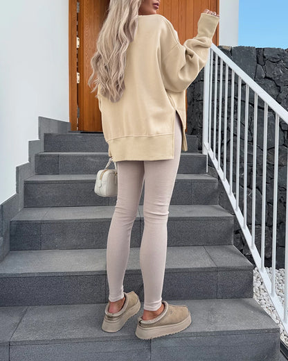 Women's Casual Crewneck Sweatshirt Loose Long Sleeve Side Slit Pullover Top with Thumb Holes