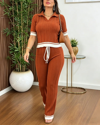 Women's Contrast Binding Two Piece Knit Set Short Sleeve Top and Drawstring Straight Leg Pants Casual Loungewear