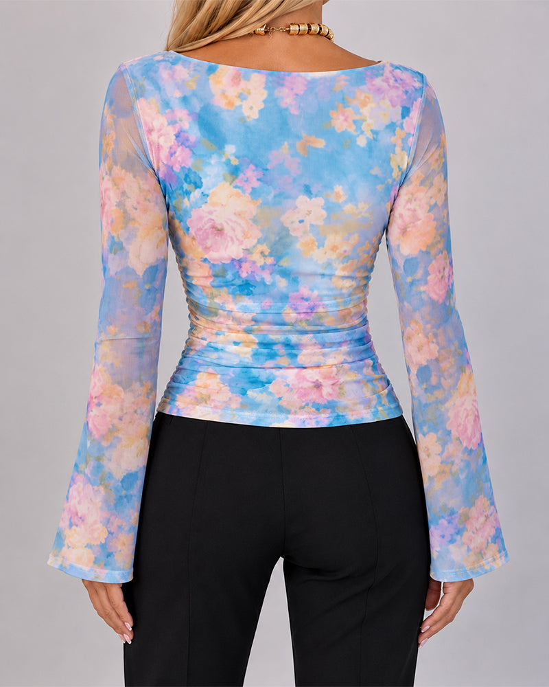 Women's Floral Watercolor Print Boat Neck Ruched Sheer Mesh Flare Sleeve Top