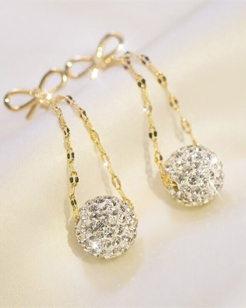 1Pair Bowknot Ball Pattern Rhinestone Drop Earrings