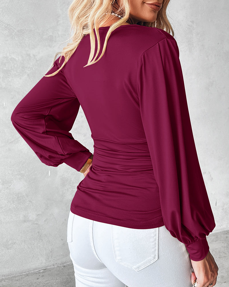 Deep V-Neck Lantern Sleeve Ruched Blouse Casual Slim Fit Top