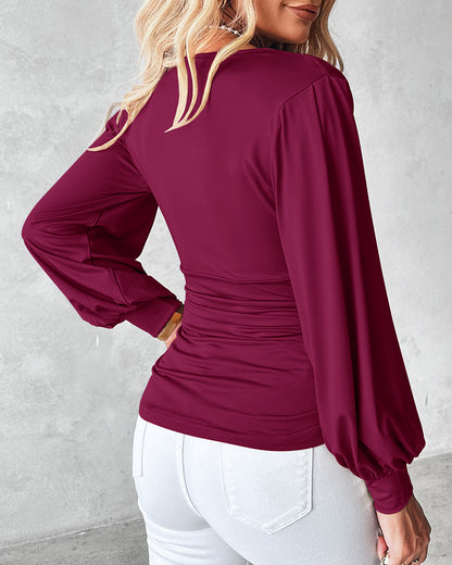 Deep V-Neck Lantern Sleeve Ruched Blouse Casual Slim Fit Top