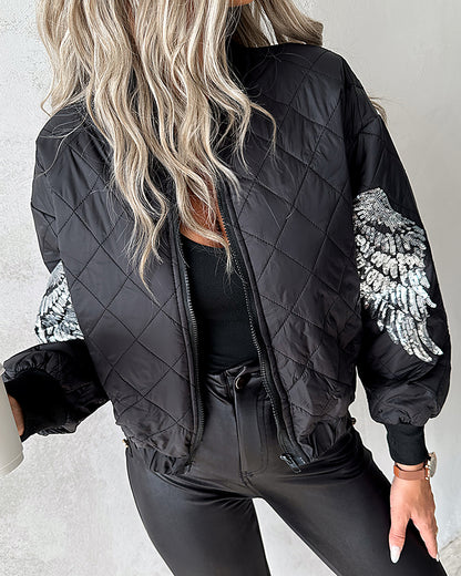 Sequin Wings Decor Argyle Pattern Baseball Collar Zip Up Jacket Casual Stretchy Hem Crop Padded Coat