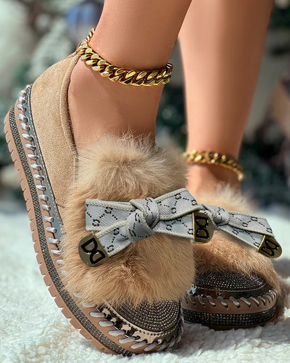 Rhinestone Bowknot Design Platform Fuzzy Slip-On Loafers