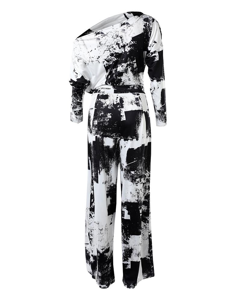 Tie Dye Print Skew Neck Wrapped Slit Wide Leg Jumpsuit
