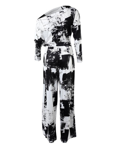 Tie Dye Print Skew Neck Wrapped Slit Wide Leg Jumpsuit