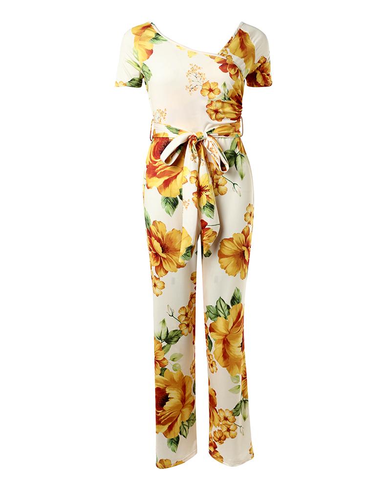 Women's Floral Print Jumpsuit Sexy Cross V Neck Backless Short Sleeve Ruched High Waist Overalls with Belt
