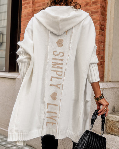 Letter Heart Pattern Long Cardigans Knitted Open Front Oversized Hooded Outerwear Sweater Coat