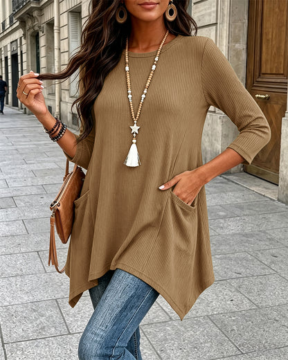 Women's Ribbed Asymmetrical Hem Top Crewneck Three Quarters Sleeve A-Line Casual Top